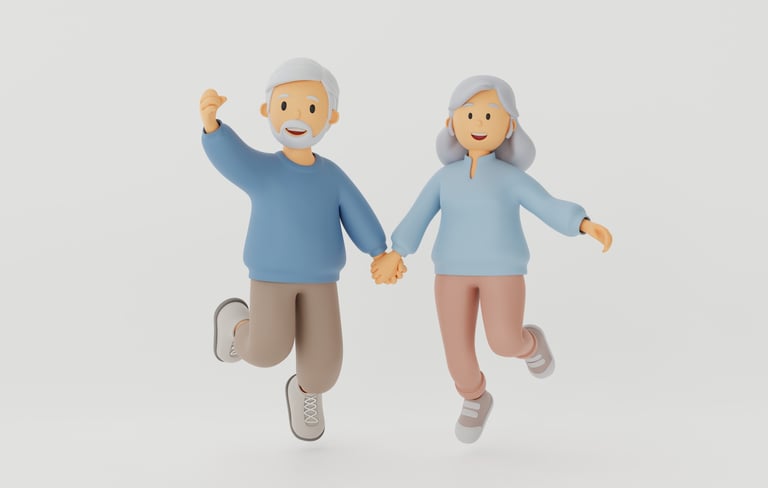 Active retirement, healthy aging, family happiness, senior well-being, and a positive lifestyle. 3D clay-style rendering on a white background with copy space.